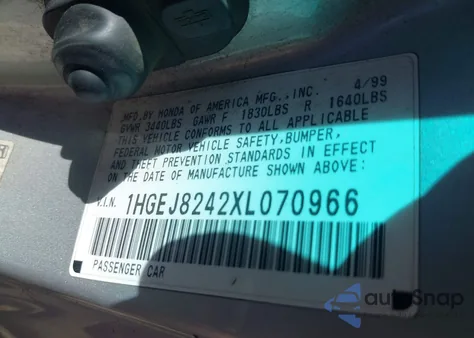 1999 Honda Civic Ex из США, поврежденный, VIN 1HGEJ8242XL070966